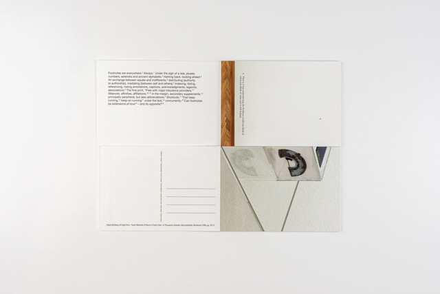 Footnotes I have never seen. A postcard book by Robin Waart with Alejandro Cesarco, Kajsa Dahlberg, Vincent Fecteau, Goda Palekaitė, Claudia de la Torre, Andrew Witkin. Photo: Ayako Nishibori. ISBN 978-90-829362-4-7
