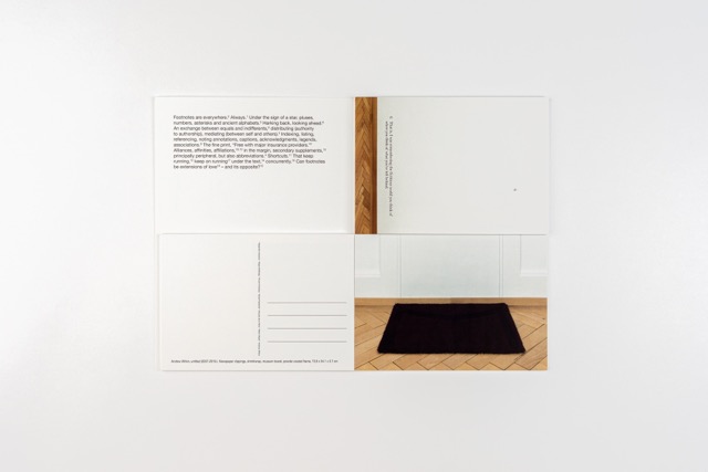 Footnotes I have never seen. A postcard book by Robin Waart with Alejandro Cesarco, Kajsa Dahlberg, Vincent Fecteau, Goda Palekaitė, Claudia de la Torre, Andrew Witkin. Photo: Ayako Nishibori. ISBN 978-90-829362-4-7